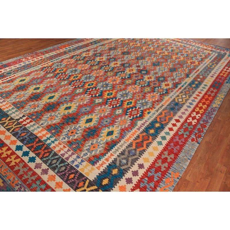 All-Over Geometric Kilim Oriental Large Rug Flatweave Wool Carpet - 10'0"x 15'9"