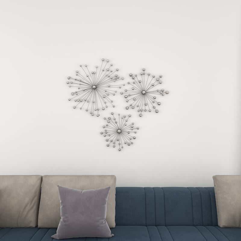 Black Metal Sunburst Home Wall Decor with Crystal Embellishment (Set of 3)