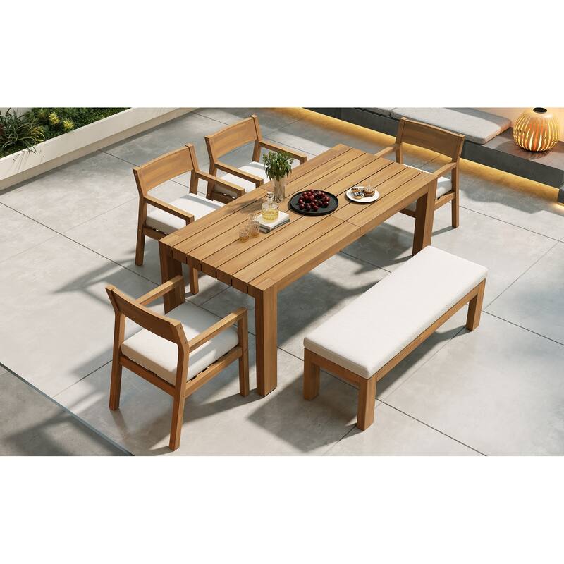 Outdoor Patio Dining Table Set for 6 - Person with Umbrella Hole Acacia Wood and Removable Cushions - Light Teak