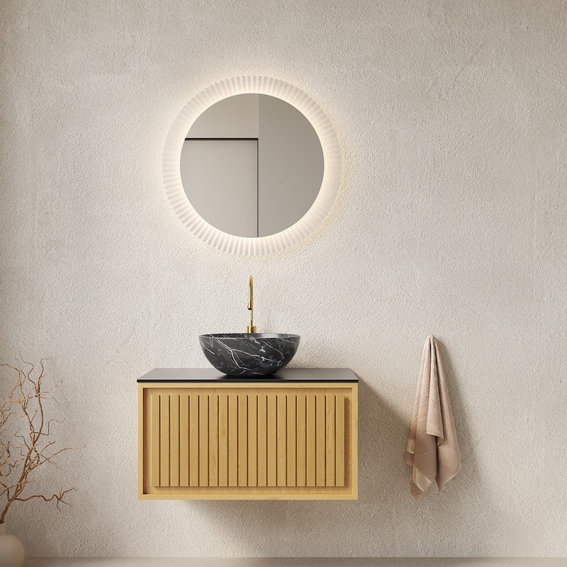 GDFStudio - Kolas Modern 30" Floating Bathroom Vanity, Corolla Oak Finish & Black Sintered Stone Countertop, WITHOUT Faucet