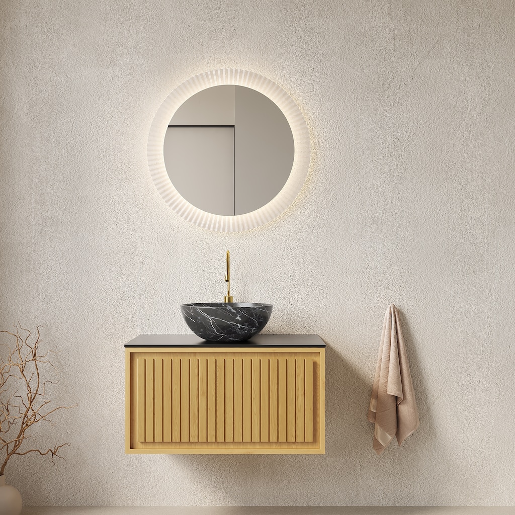 GDFStudio - Kolas Modern 30" Floating Bathroom Vanity, Corolla Oak Finish & Black Sintered Stone Countertop, WITHOUT Faucet