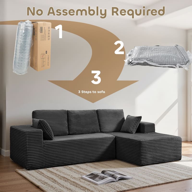 Gymojoy 108" Compressed Sofa Sectional Couch, 1400lbs Weight Capacity L-Shape Chaise Corduroy Couch for Living Room, No Assembly