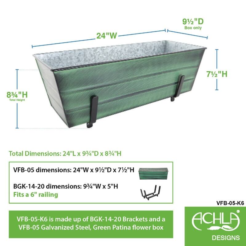 Achla Designs Medium Galvanized Steel Flower Box Planter With Brackets for 2 x 6 Railings, 24 Inch Wide
