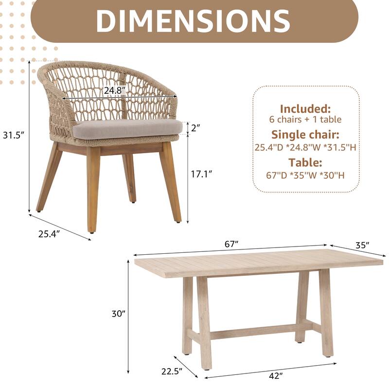 Outdoor 7-Piece Woven Rope Dining Chair and Wood Table Set