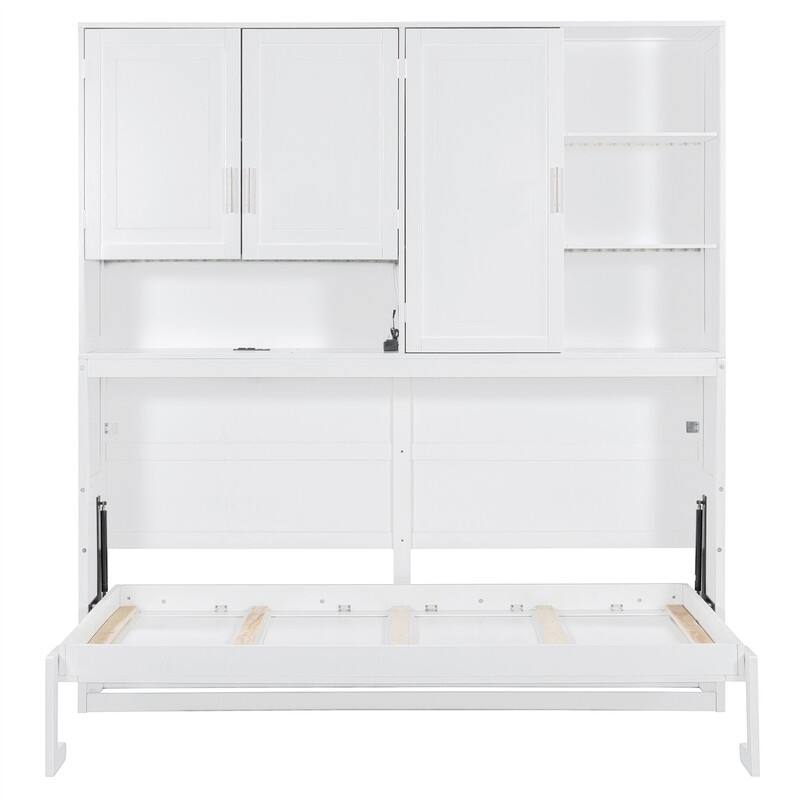 Twin Size Murphy Wall Bed with Top Cabinet and Light, Space Saving Foldable Murphy Cabinet Bed with USB Ports & Storage Shelves