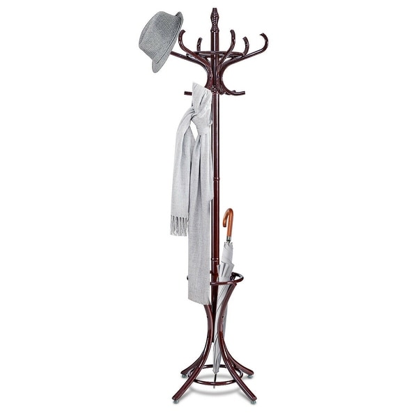 Gymax Wood Standing Hat Coat Rack Jacket Bag Hanger Tree 12 Hooks w/