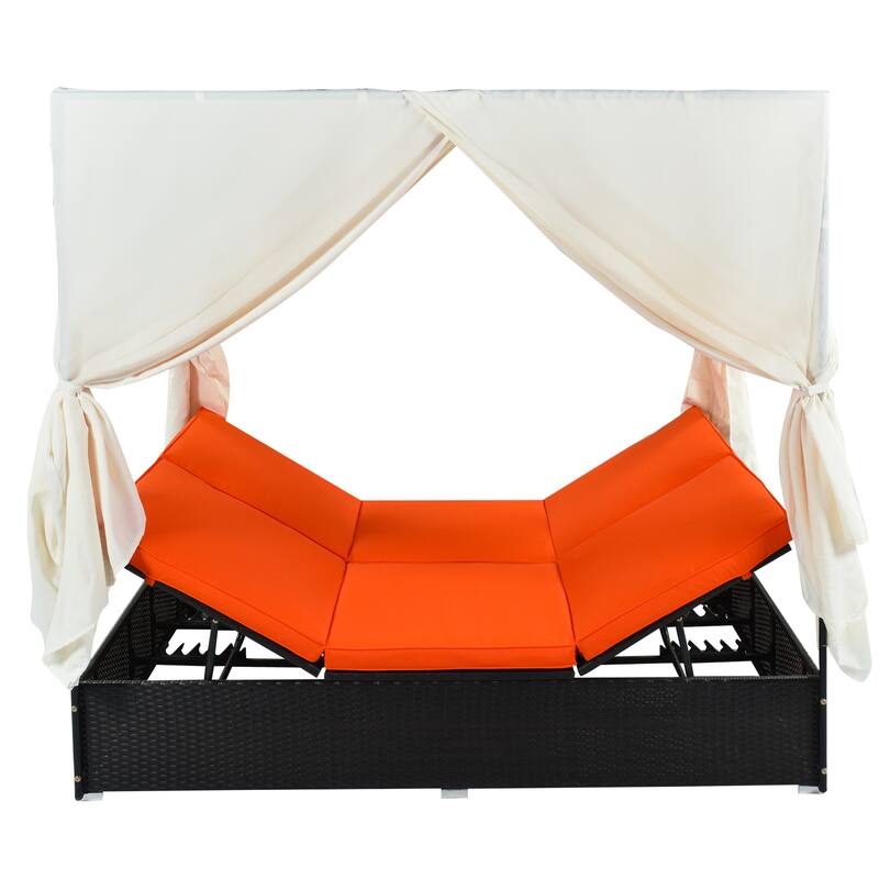 Elegant Outdoor Patio Wicker Sunbed Daybed with Adjustable Cushions and Curtains