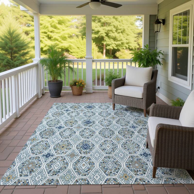 Machine Washable Indoor/ Outdoor Modern Hexi Chantille Rug - Teal - 9' x 12'