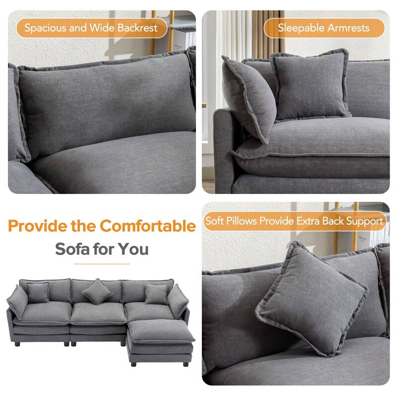 Grey 112.2" Modern L-Shaped 4 Seater Sectional Sofa with Removable Ottoman, 5 Plush Pillows, and Sturdy Frame