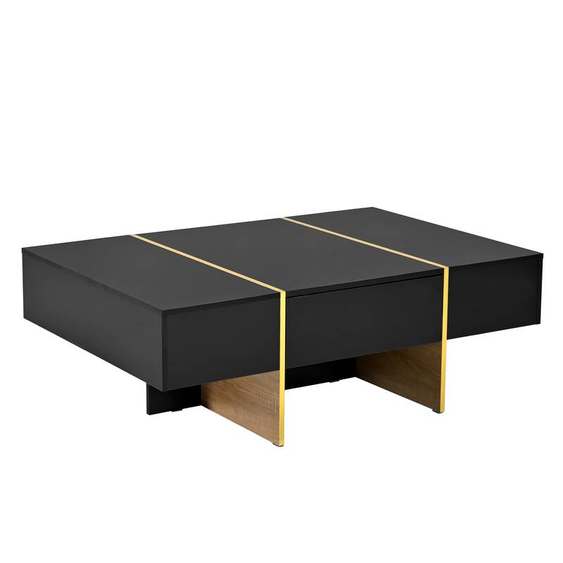 47.2" High Glossy Coffee Table with 2 Drawers and Golden Wood Grain Legs