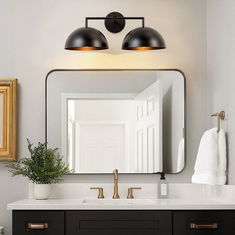 2-Light Modern Industrial Black Dome Pot Lid Vanity Light - 20.87 in. W x 8.66 in. H x 10.63 in. D