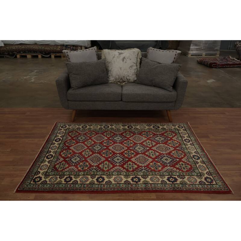 Hand Knotted Oriental 100% Wool Carpet Traditional All-Over Red Kazak Area Rug - 5' 11'' X 4' 2''