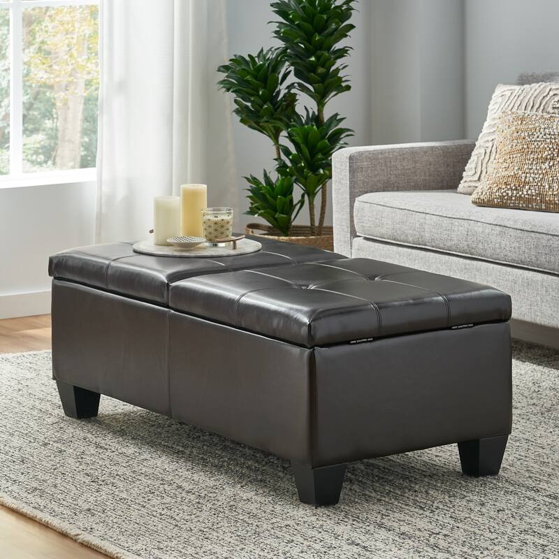 PU Leather Storage Ottoman with Double Opening Tray and Upholstered Top