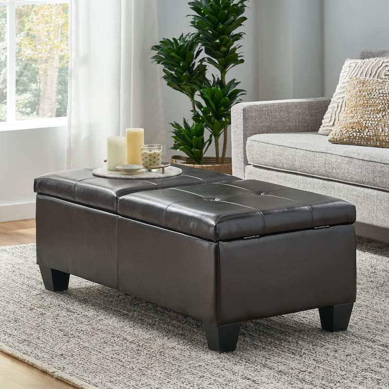 Roomfitters Large Storage Ottoman with Double Lift Top, Upholstered Coffee Table Bench, Brown - Brown PU