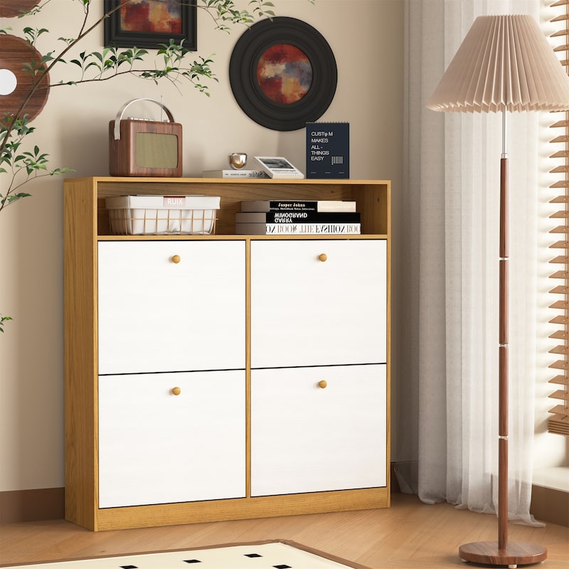 Freestanding Shoe Storage Cabinet with 4 Flip Drawers and Wood Handle