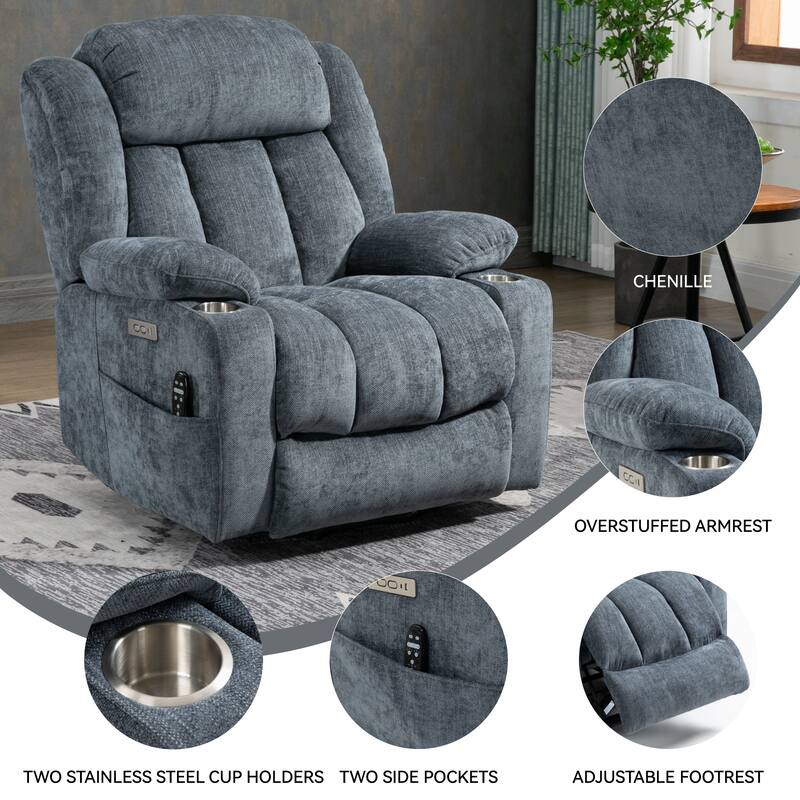 Roomfitters Heavy Duty Power Lift Recliner, Chenille Massage Chair with USB-C Charging and Stainless Cup Holders
