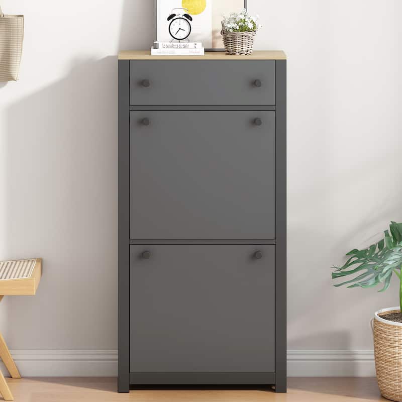 Entryway Organizer with 2 Drawers,Wood Grain Pattern Top Shoe Cabinet with Drawer, Free Standing Shoe Rack with Adjustable Panel