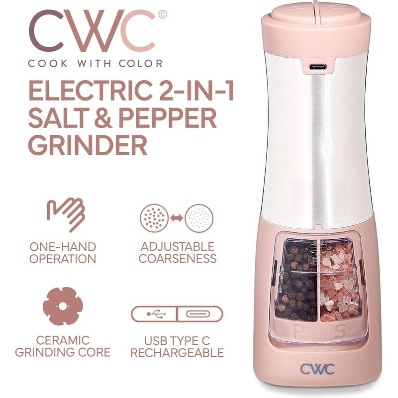COOK WITH COLOR 2-in-1 Rechargeable Salt & Pepper Shaker - 2 Grinders for Salt and Pepper