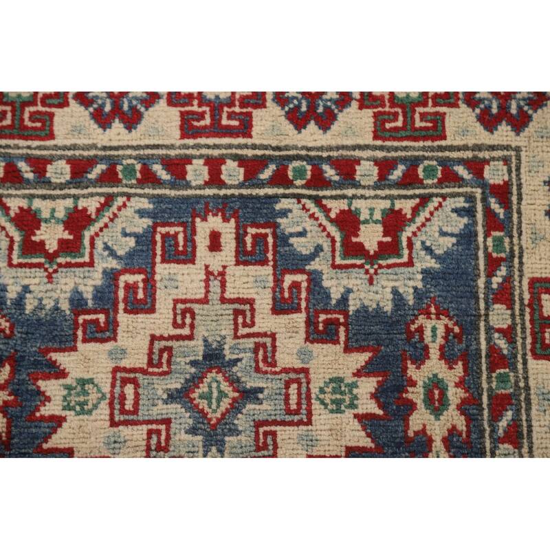 Geometric Kazak Runner Rug Hand-Knotted Blue Wool Carpet - 2'6" x 12'8"