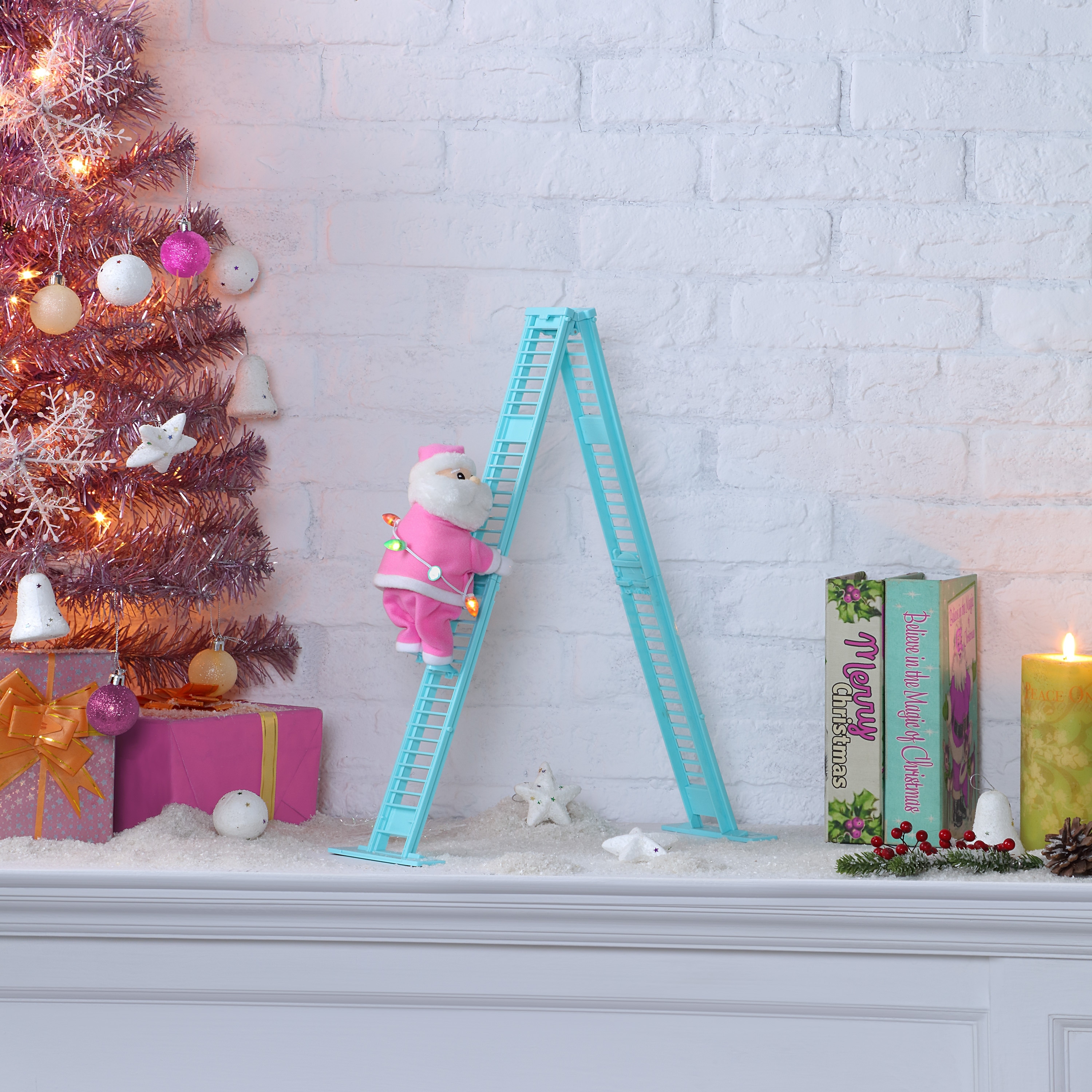 17" Animated Tabletop Pastel Climbing White Santa