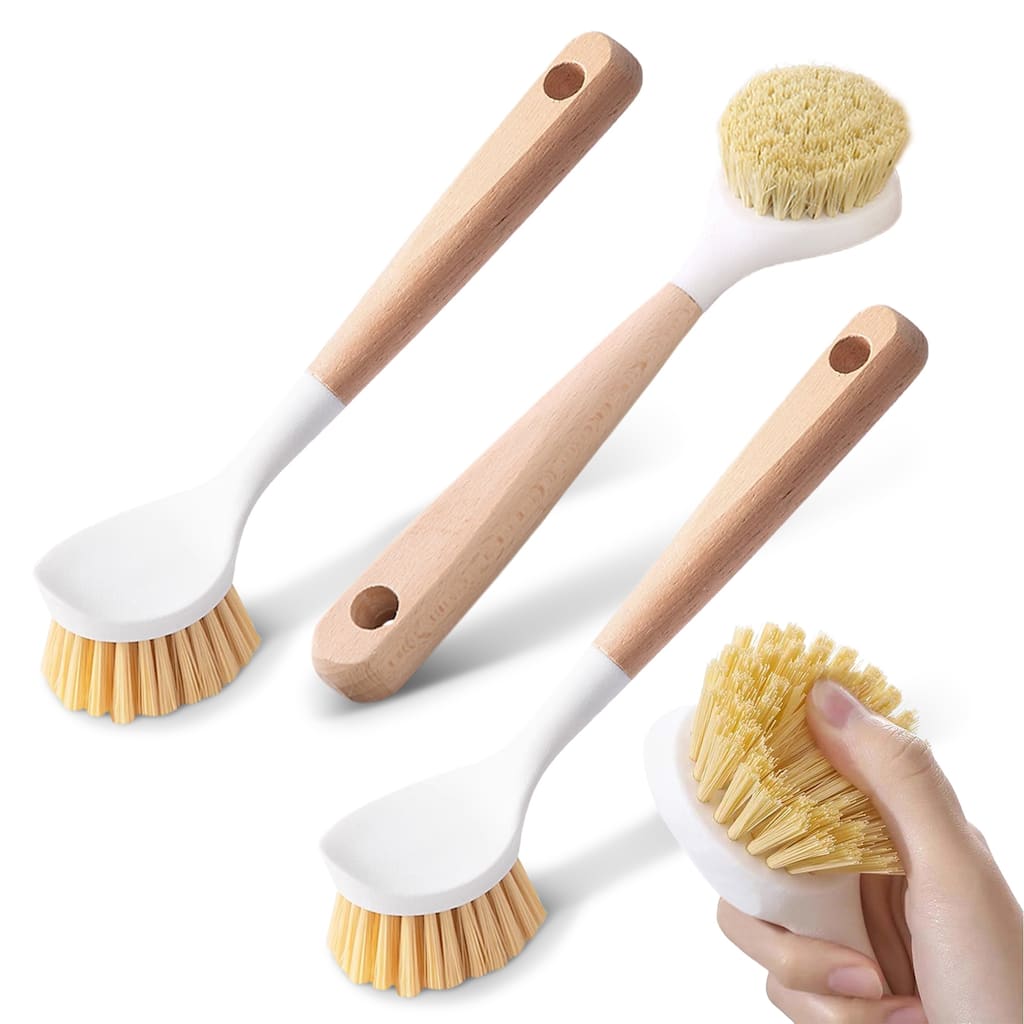 Cheer Collection Bamboo Handle Dish Brush Set with Built-in Scraper 3 Pack for Kitchen Cleaning - Pack of 3