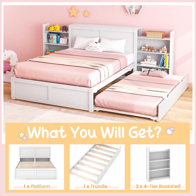 Gymax Full/Twin Wooden Platform Bed with Trundle Storage Headboard
