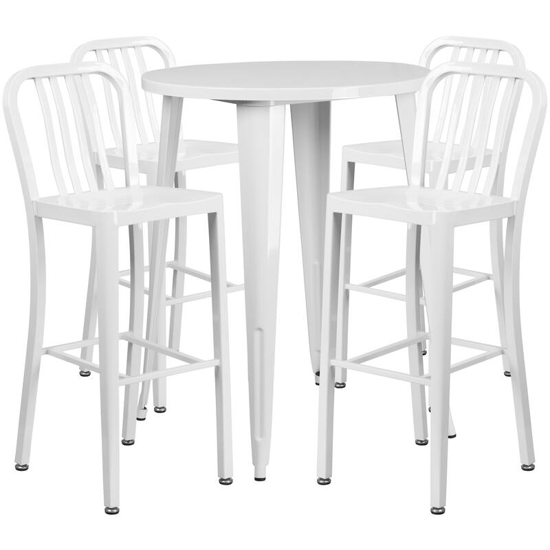 30'' Round Metal Indoor-Outdoor Bar Table Set with 4 Vertical Slat Back Stools - 30"W x 30"D x 41"H - 30"W x 30"D x 41"H