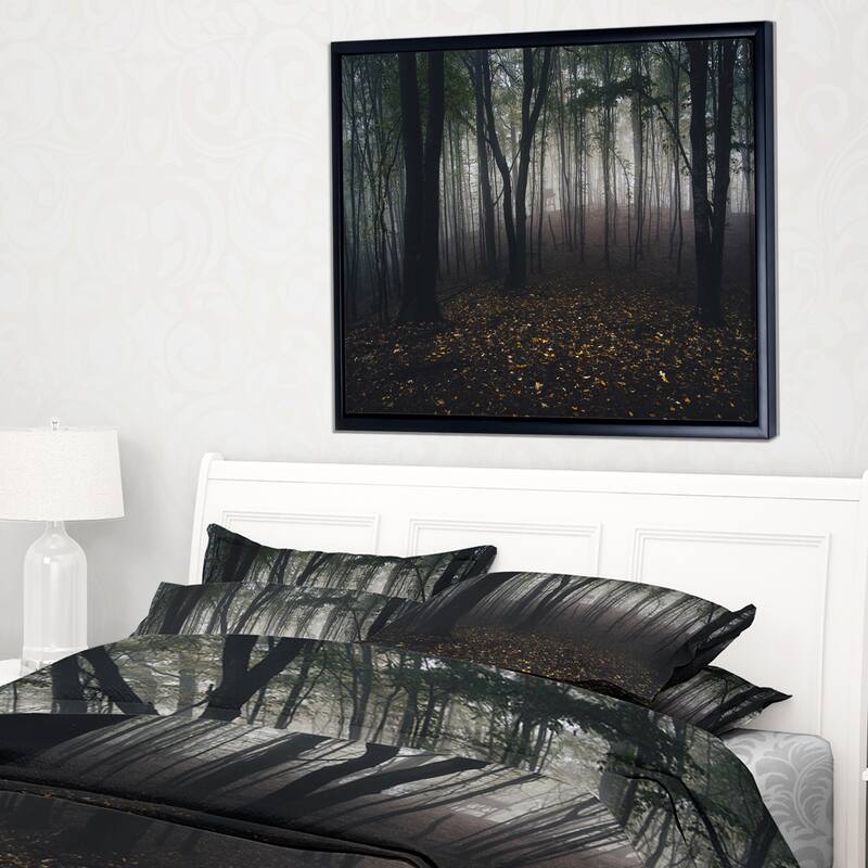 Designart "Dark Spooky Misty Wild Forest" Oversized Forest Framed Canvas Artwork Print