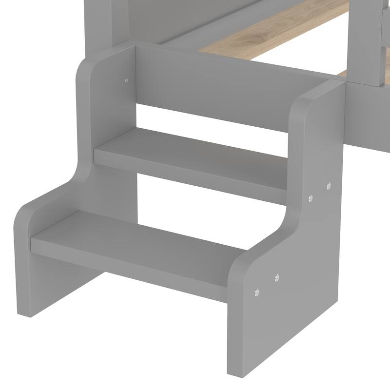 Roomfitters House Floor Bed with Bookcase and Blackboard, Solid Wood Frame with Low Stairs