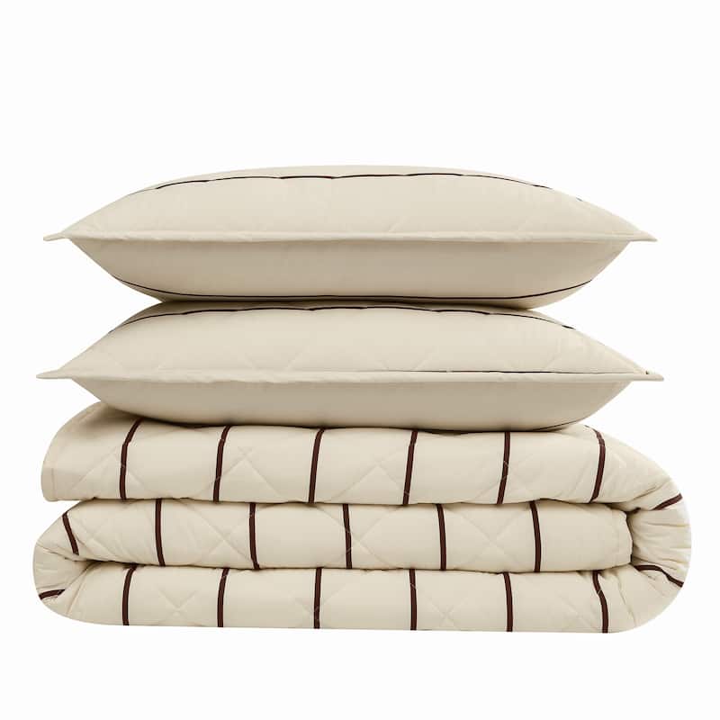 Brooklyn Loom Hayward Stripe 3 Piece Quilt Set - King - Ivory/Brown