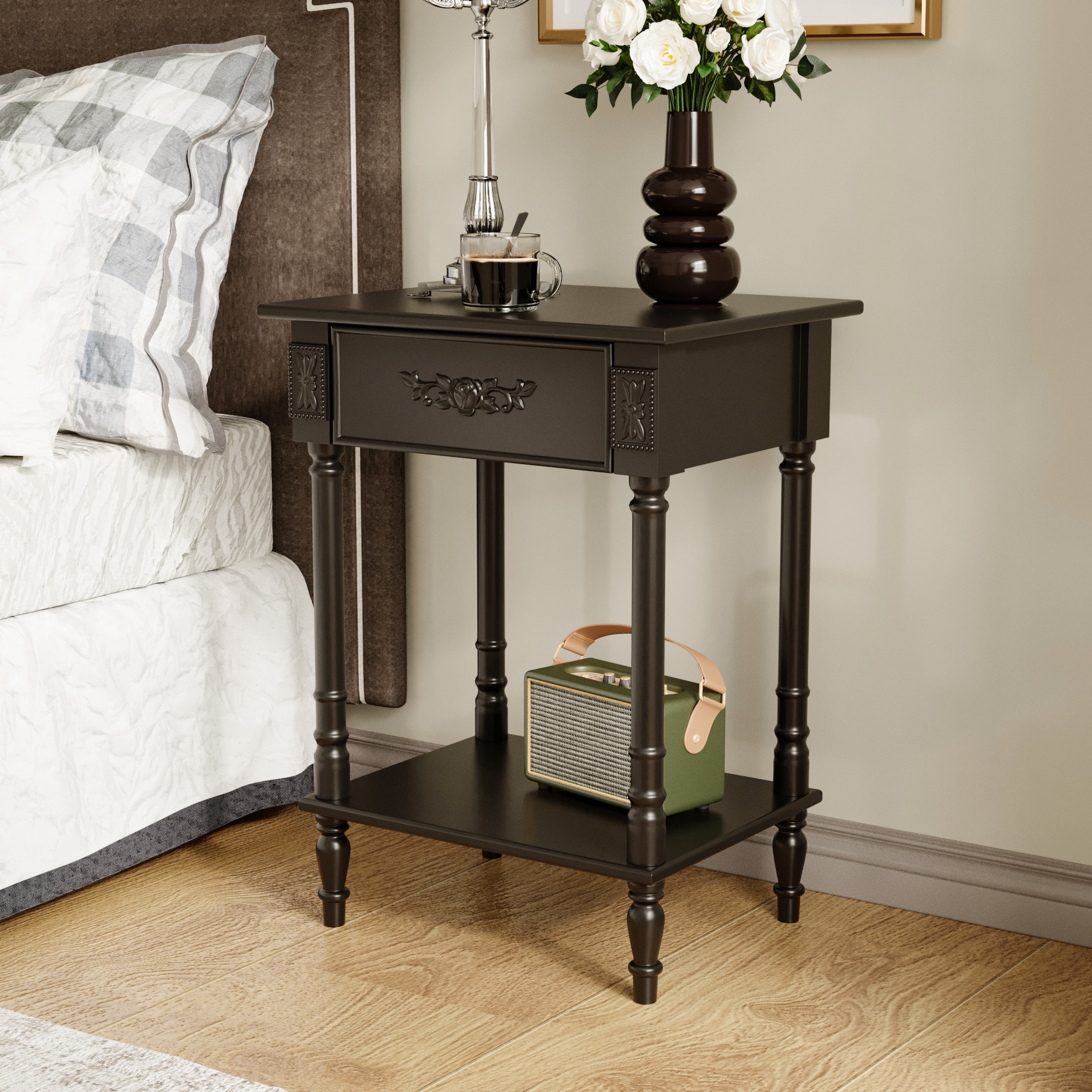 Vintage End Table with Drawer and Shelf, French Style Nightstand with Solid Wood Legs, White Accent Table