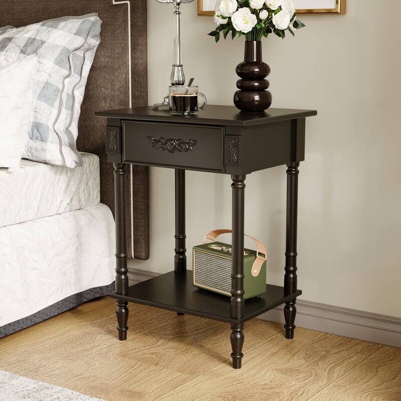 Vintage End Table with Drawer and Shelf, French Style Nightstand with Solid Wood Legs, White Accent Table - Black