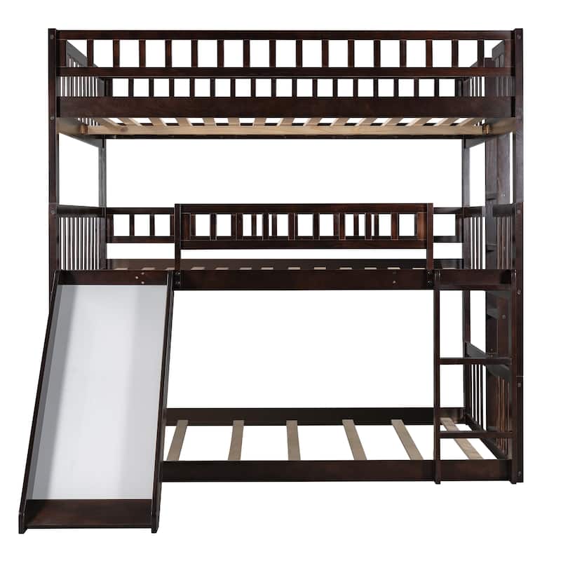 Full-Over-Full-Over-Full Triple Bed with Built-in Ladder and Slide , Triple Bunk Bed with Guardrails