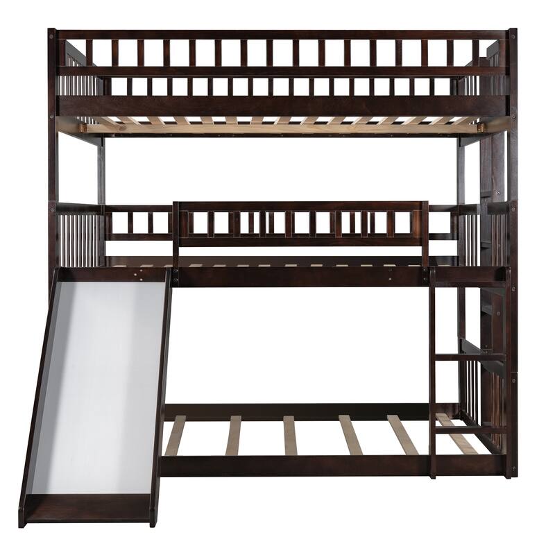 Triple Bunk Bed with Builtin Ladder and Slide, Wooden Full Over Full Over Full Bunkbed Fram