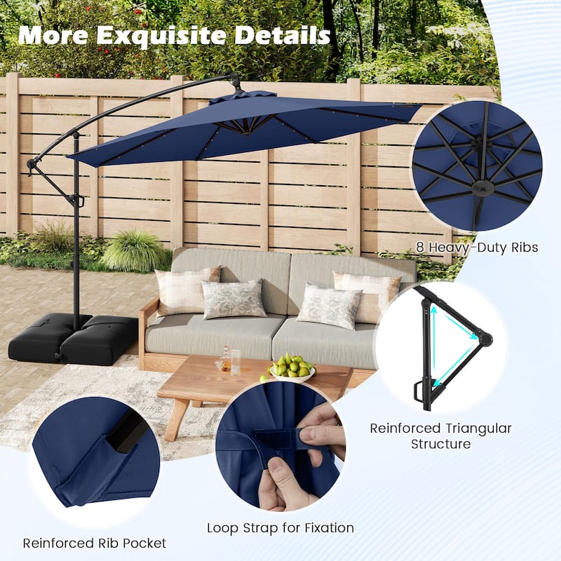 Gymax 10 FT Solar Offset Hanging Umbrella Patio Cantilever Umbrella w/
