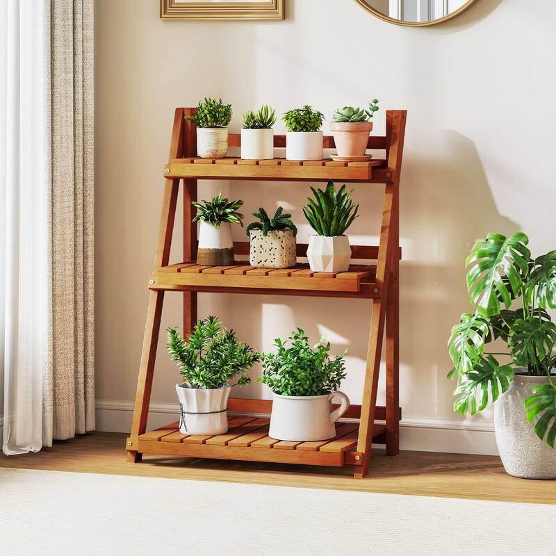 Gymax 3-Tier Wood Plant Stand Folding Flower Rack w/Ladder Design