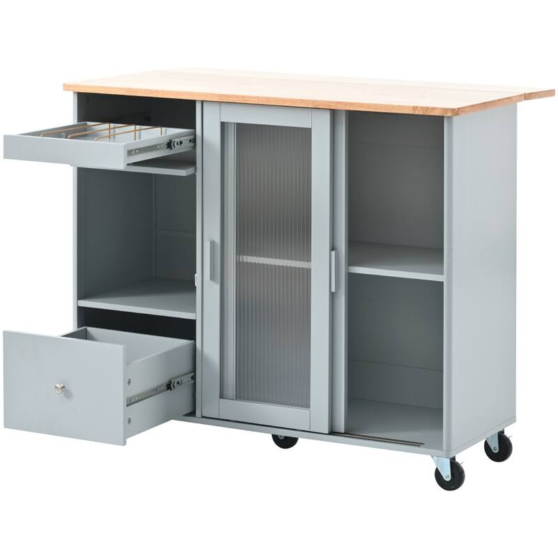 44 in. Rubber Wood Drop-Leaf Countertop Kitchen Island on 5 Wheels with an Adjustable Shelf and 2 Drawers