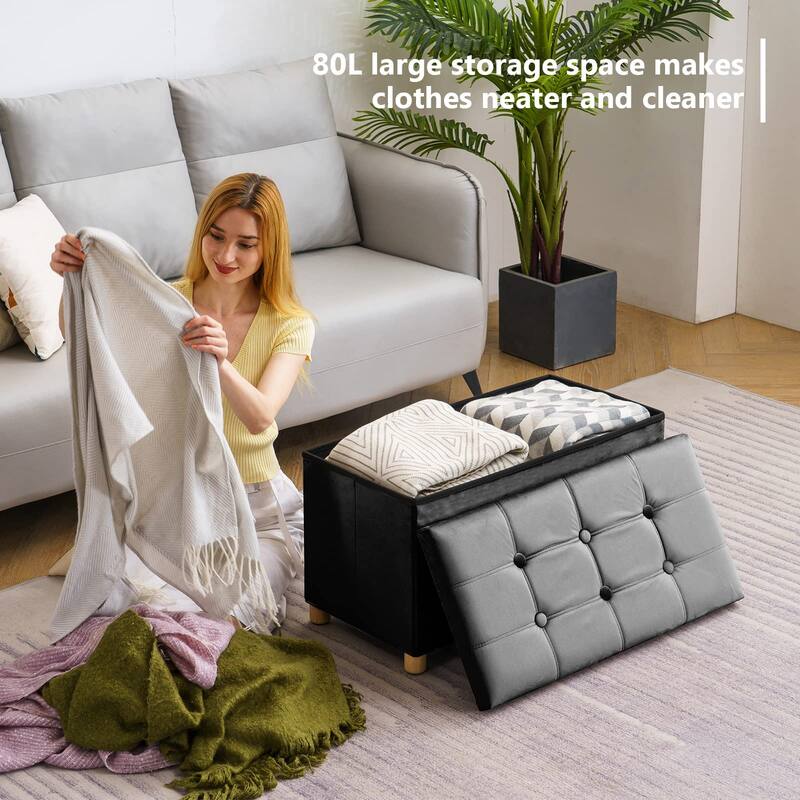 30 Inches Folding Storage Ottoman Bench, Velvet Storage Chest, Footrest Couch with Wooden Legs, Support 350lbs