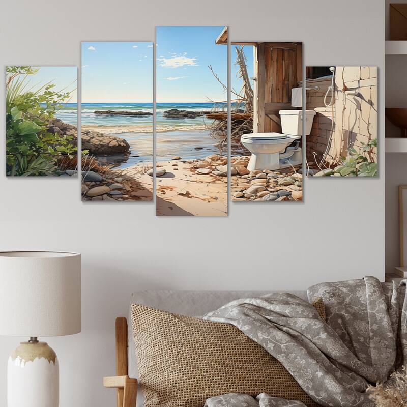 Designart "Bathroom Toilet Coastal Escape II" Bath & Laundry Multipanel Canvas Print set - 60 In. Wide X 32 In. High - 5 Panels Diamond Shape