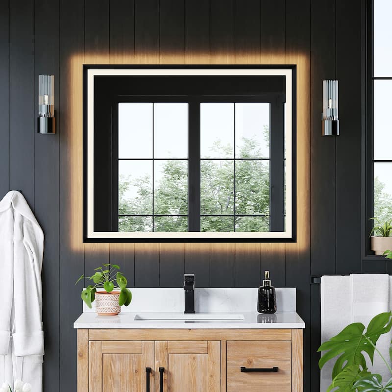 Apollo Rectangular Anti-Fog Dimmable Modern Bathroom/Vanity LED Lighted Wall Mirror in Matte Black Aluminum Framed - 36" x 30" - Matte Balck