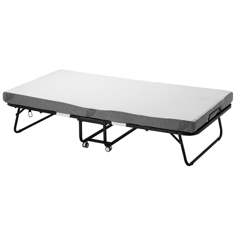 Rollaway Folding Bed with 4 Inch Foam White Mattress and Black Sturdy Steel Frame Perfect for Dorm or Guest