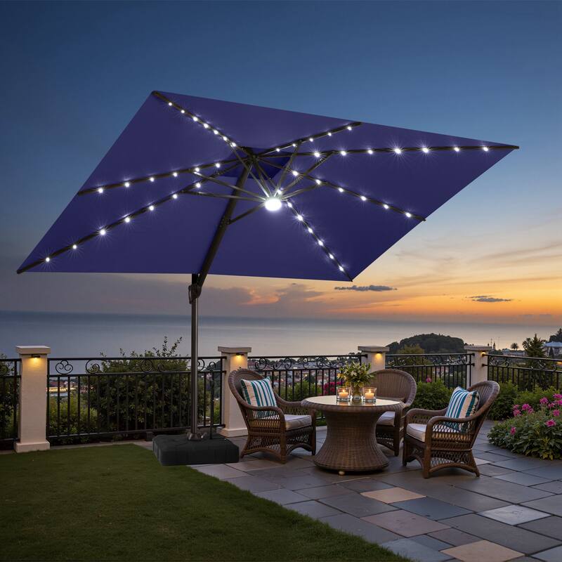 9 x11 FT Outdoor Double Top LED Lighted Patio Cantilever Umbrella with Weighted Base - Navy Blue
