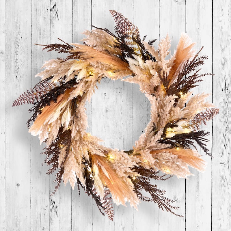 National Tree Company 26" Artificial Orange and Black Pampas Wreath, 30 Warm White LED Lights, Battery Operated - 26 in
