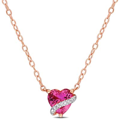 Miadora 1ct TGW Created Pink Sapphire & Diamond Accent Heart Swirl Pendant with Chain in Rose Silver