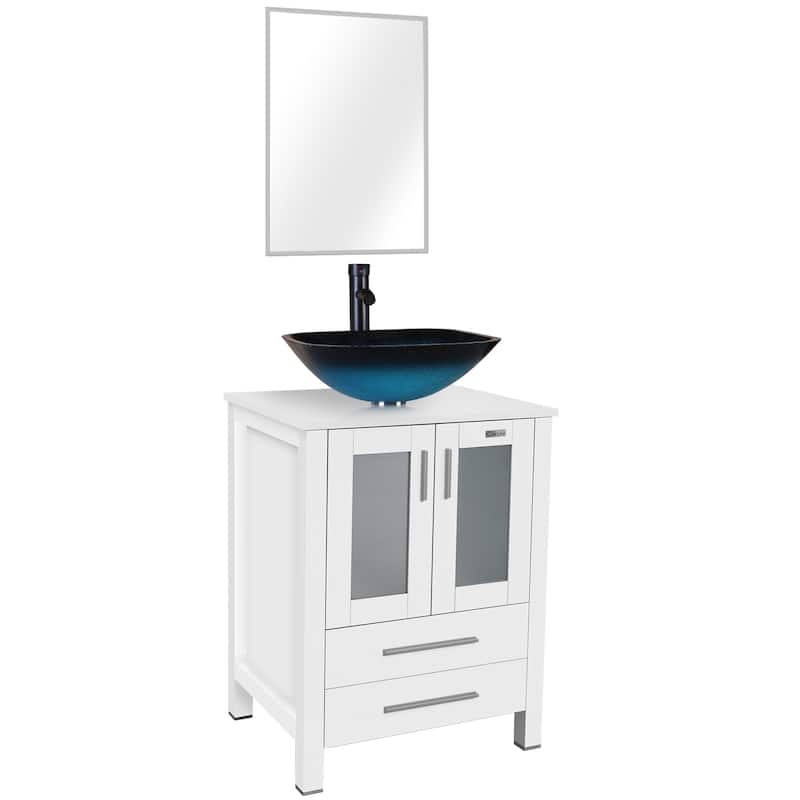 24" Bathroom Vanity White Set Glass/ Ceramic Vessel Sink Cabinet Faucet Drain Free Standing Combo