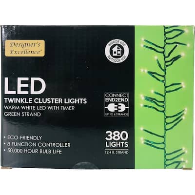 LED Twinkle Cluster Lights 12.4Ft Warm White w/ Green Strand Connect End to End - 12.4 Feet
