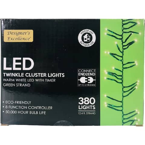 LED Twinkle Cluster Lights 12.4Ft Warm White w/ Green Strand Connect End to End - 12.4 Feet