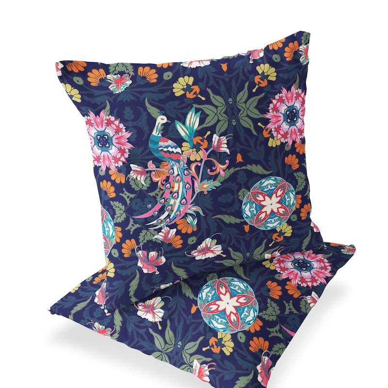 HomeRoots Set of Two 16" X 16" Blue and Pink Peacock Blown Seam Eclectic Indoor Outdoor Throw Pillow - 16.00' X '16.00' X '5.00