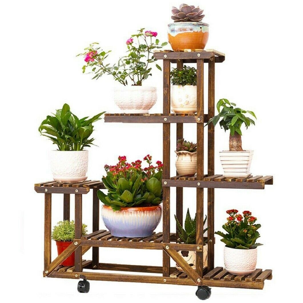 6 Tier Multi-Tiered Solid Wood Plant Stand with Wheels - On Sale