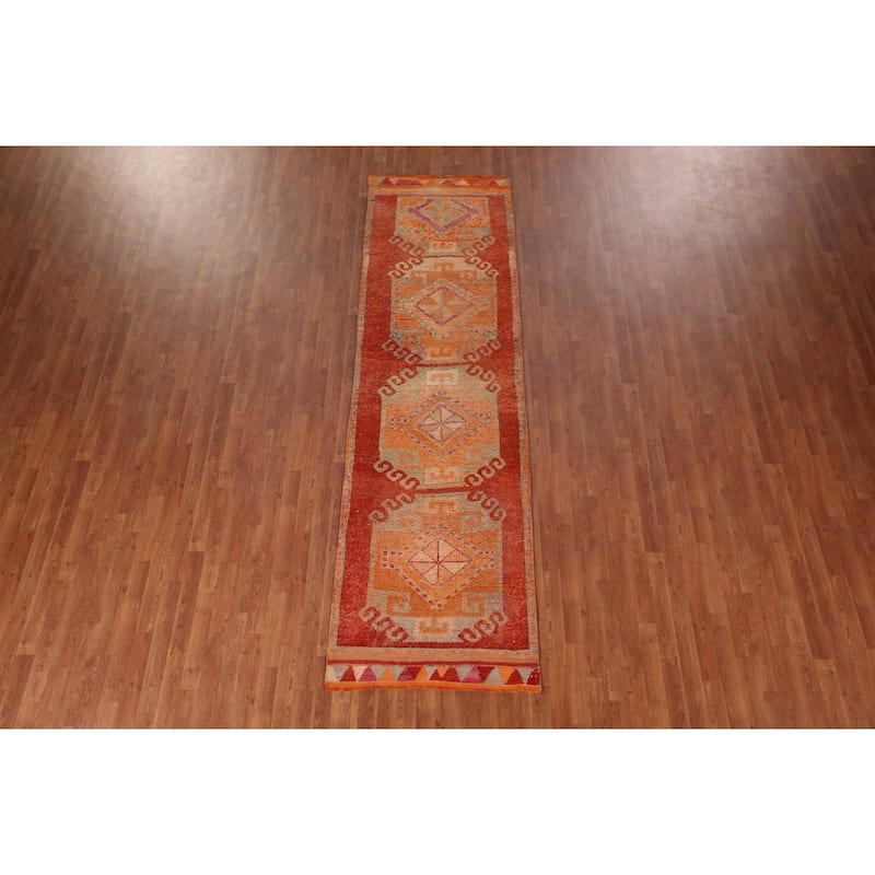 Orange Oushak Turkish Vintage Runner Rug Handmade Wool Carpet - 3'1"x 10'11"